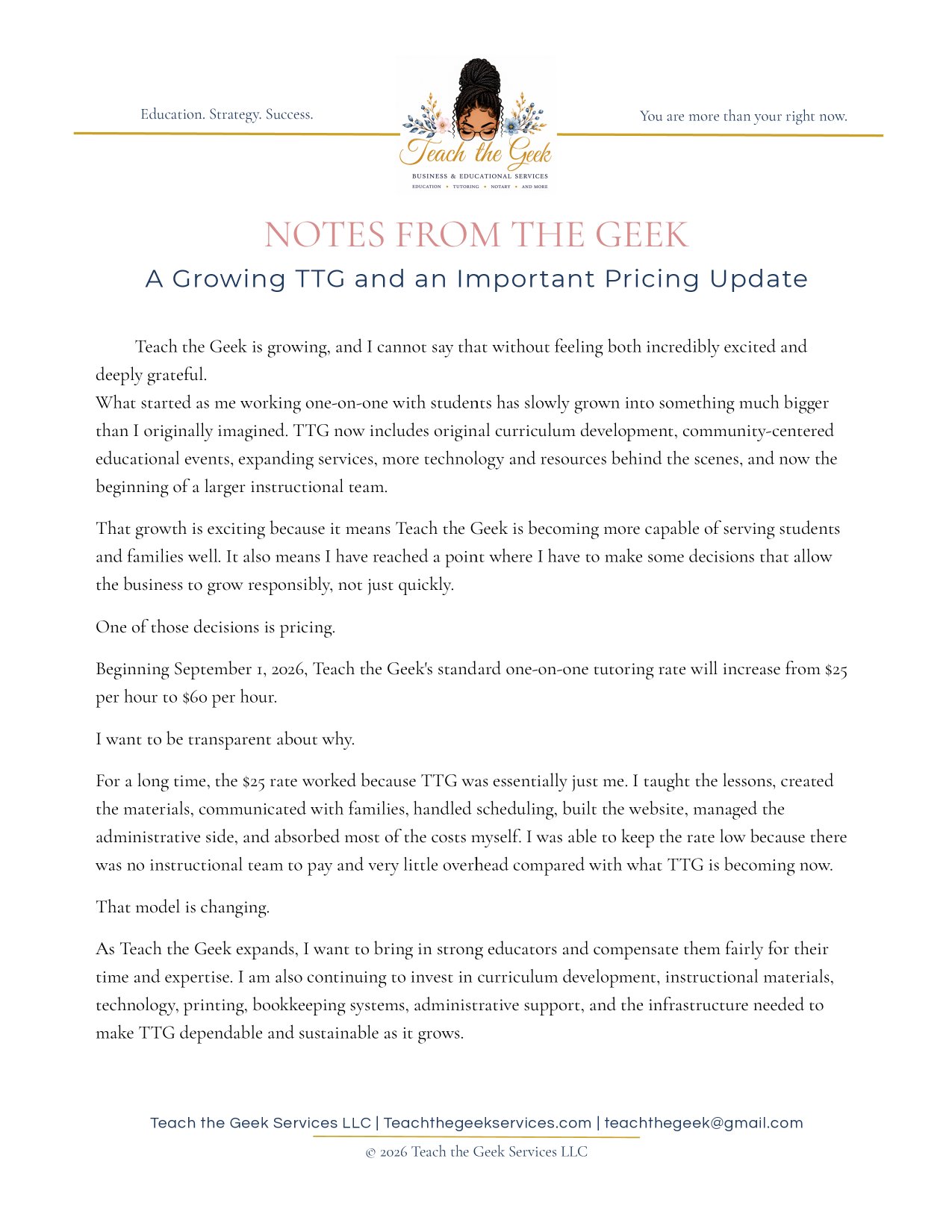 A Letter About Our Updated Rates — first page preview